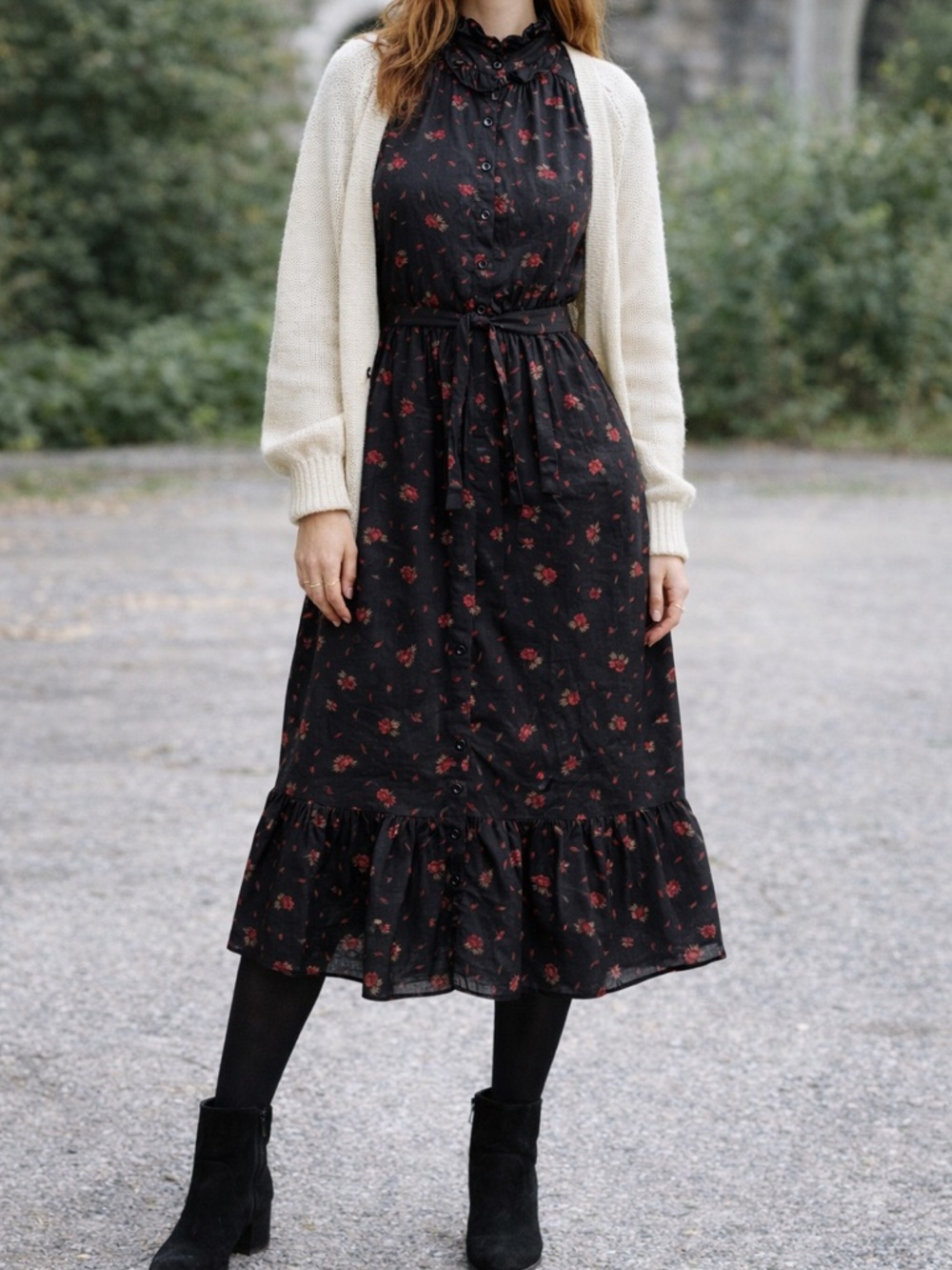 Vintage 80s Black Floral Prairie Dress Ruffle Neck Whimsigoth Belted L romantic